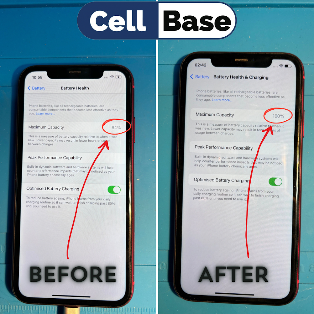 iPhone battery health before and after replacement — Cell Base Morecambe
